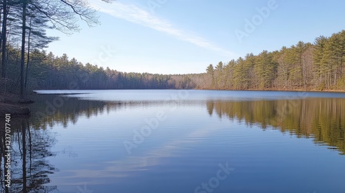 Serene lake reflecting trees under a clear sky