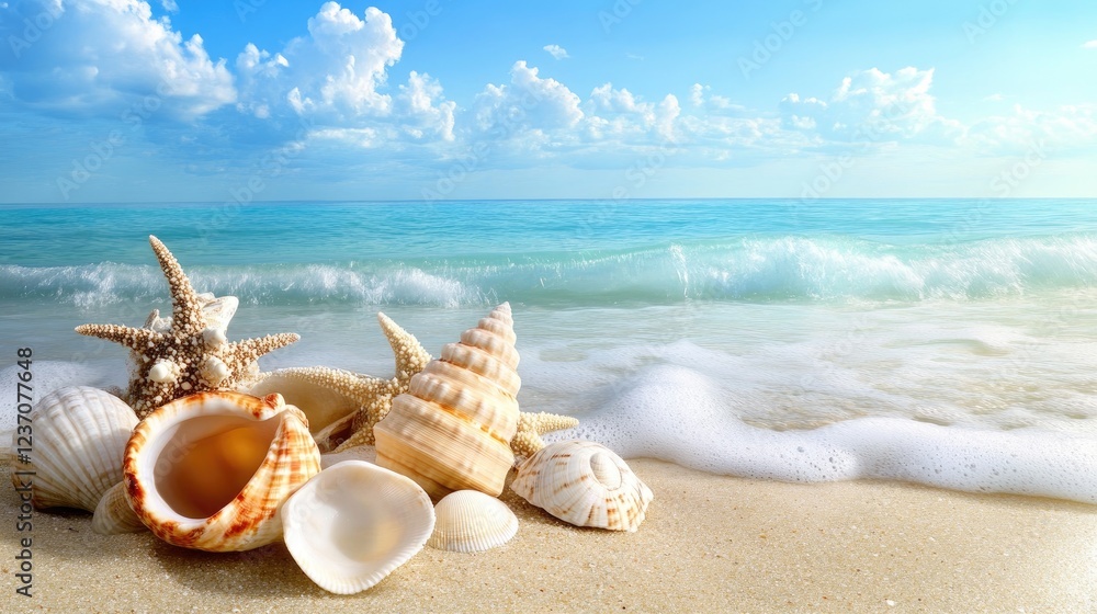 Seashells and starfish on a sandy beach near ocean waves Seashells and starfish on a sandy beach near ocean waves