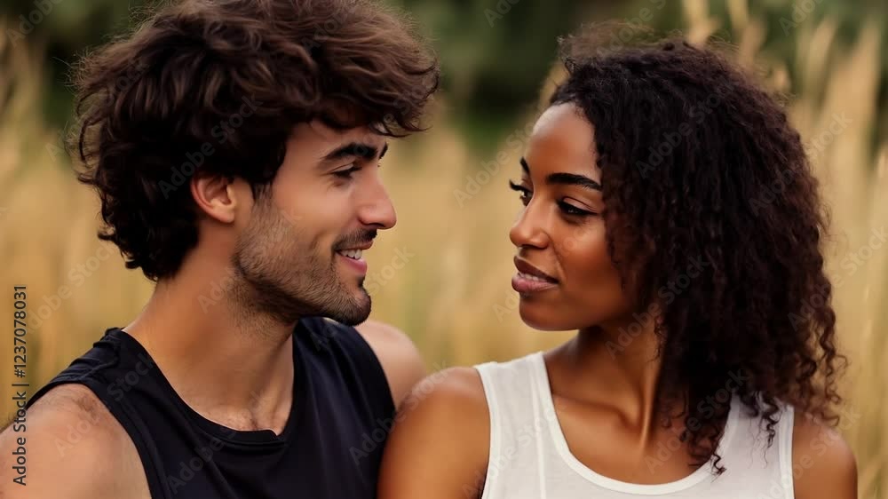 Multiracial couple sharing joyful moment, smiling and connecting amid lush grassland landscape Multiracial couple sharing joyful moment, smiling and connecting amid lush grassland landscape