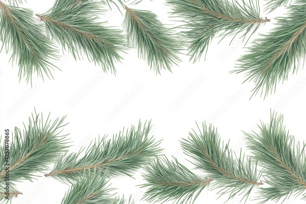 Christmas themed border of tree branches on white featuring a seamless garland pattern and empty space Christmas themed border of tree branches on white featuring a seamless garland pattern and empty space