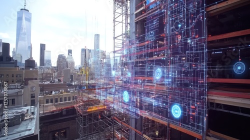 Digital Blueprint Overlay on City Construction Site