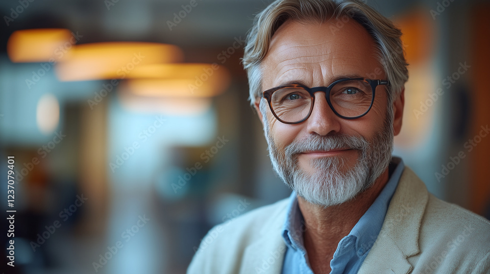 Mature man with beard and glasses smiling warmly in a cozy indoor setting during daytime Mature man with beard and glasses smiling warmly in a cozy indoor setting during daytime