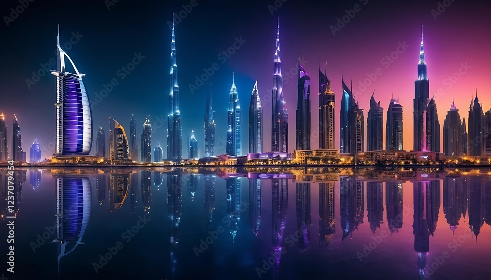 Fototapeta premium Dubai Skyline: Night Panorama of Illuminated Skyscrapers