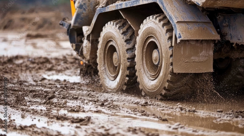 Mud splattered truck wheels traversing a muddy terrain Mud splattered truck wheels traversing a muddy terrain