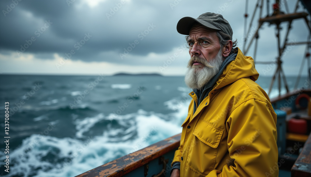 Elderly fisherman in a yellow raincoat goes out to sea in his boat Elderly fisherman in a yellow raincoat goes out to sea in his boat