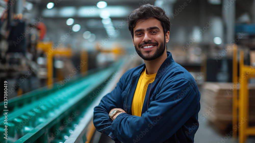A Happy and confident Indian factory worker stands on an industrial conveyor belt inside a modern factory with advanced machinery in the background. industrial job, modern factory A Happy and confident Indian factory worker stands on an industrial conveyor belt inside a modern factory with advanced machinery in the background. industrial job, modern factory