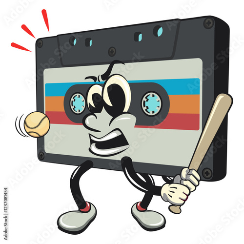 Cute retro cassette vektor illustration mascot character playing baseball ready to hit the ball with the bat, work of hand drawn