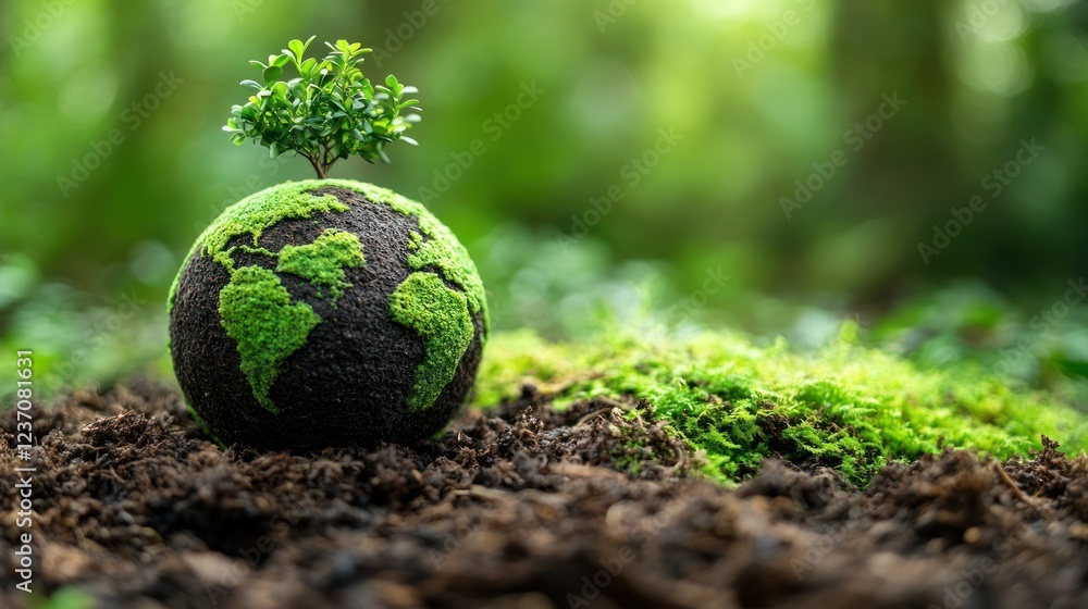 Earth's Renewal: A Tiny Sapling on a Mossy Globe Earth's Renewal: A Tiny Sapling on a Mossy Globe