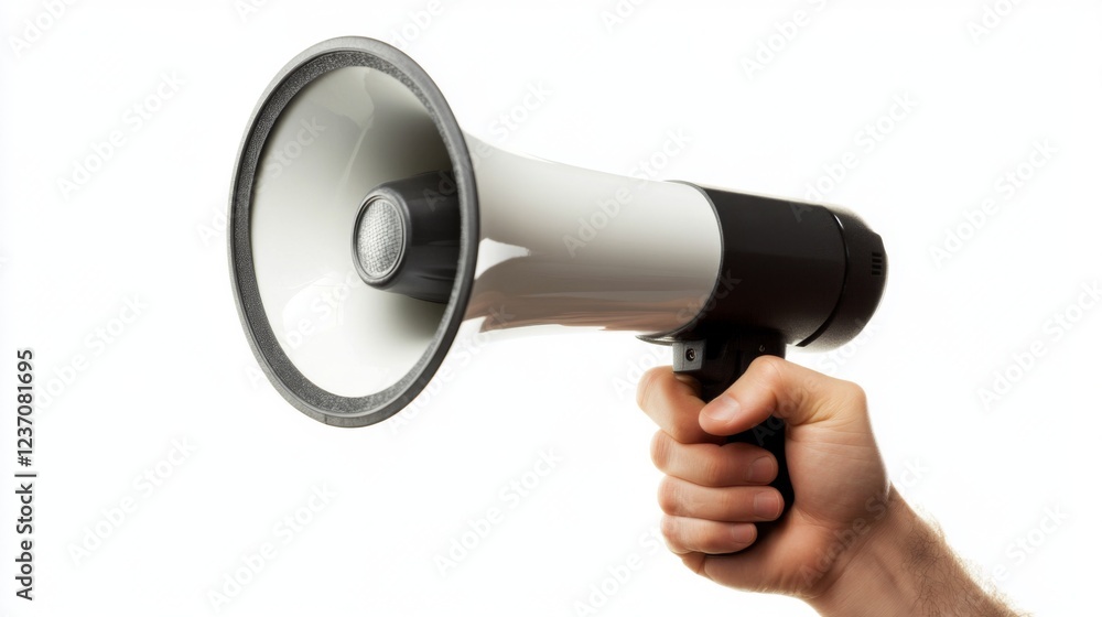 Close-up of a Megaphone Held by a Hand, Announcing and Broadcasting an Important Message Close-up of a Megaphone Held by a Hand, Announcing and Broadcasting an Important Message