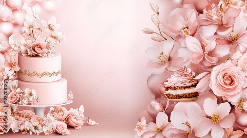 Elegant two-tiered pink cake adorned with delicate flowers, a dreamy pastel scene. Elegant two-tiered pink cake adorned with delicate flowers, a dreamy pastel scene.