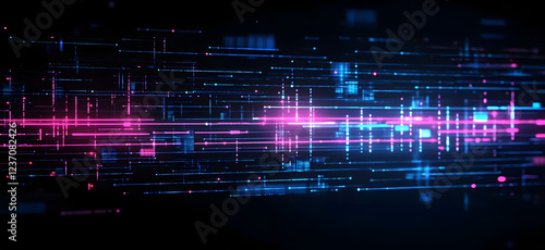 Digital background perfect for tech processes, neural networks, artificial intelligence, data transfer and encryption, digital archives, sound and graphic presentations, science, education, etc.