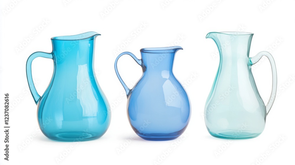 Three Colorful Glass Pitchers on White Background Three Colorful Glass Pitchers on White Background