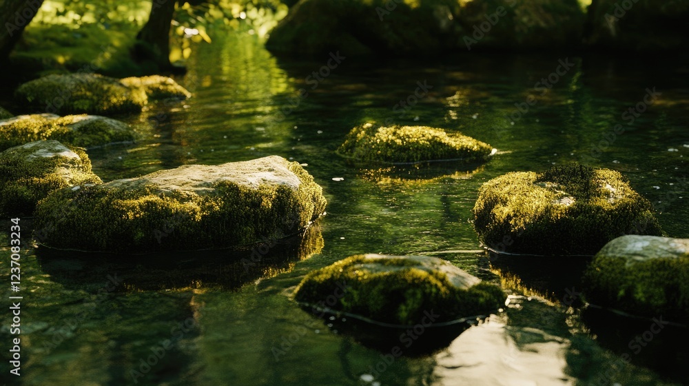 Mossy rocks submerged in a tranquil forest stream Mossy rocks submerged in a tranquil forest stream