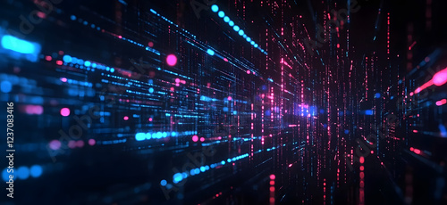 Digital background perfect for tech processes, neural networks, artificial intelligence, data transfer and encryption, digital archives, sound and graphic presentations, science, education, etc.