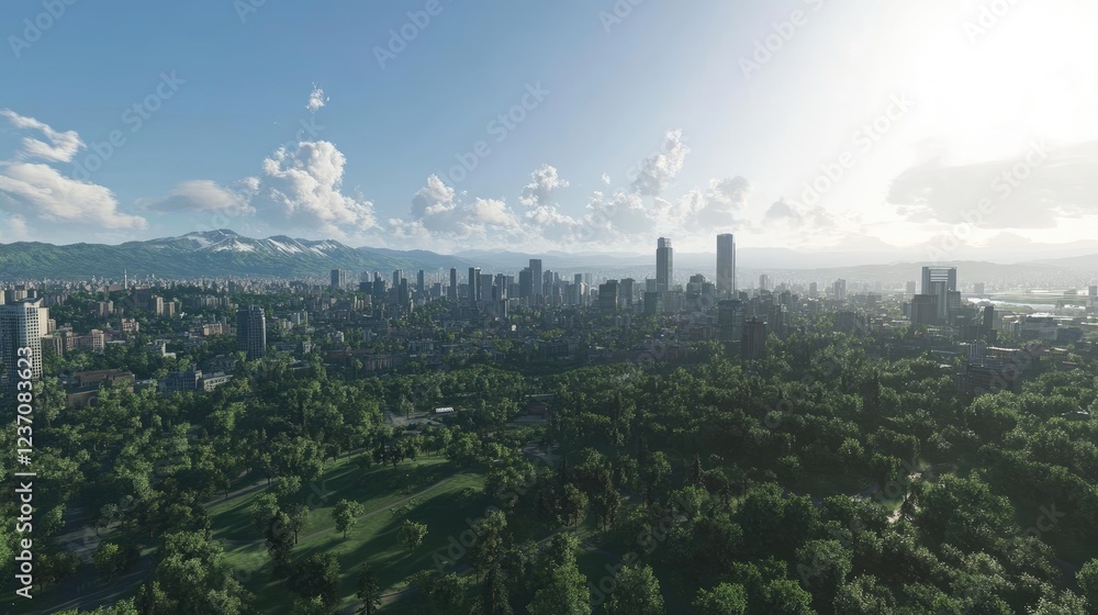 Fototapeta premium Modern City Skyline Amidst Lush Greenery and Mountains