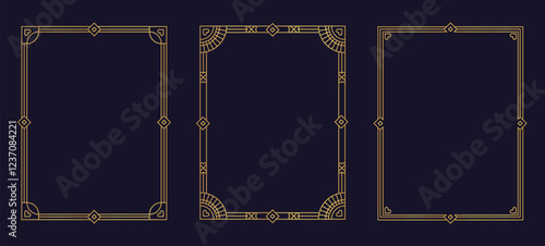 Set of thin linear frames in art deco style. Geometric gold ornaments for cards and invitations. Elegant retro design of border for flyer