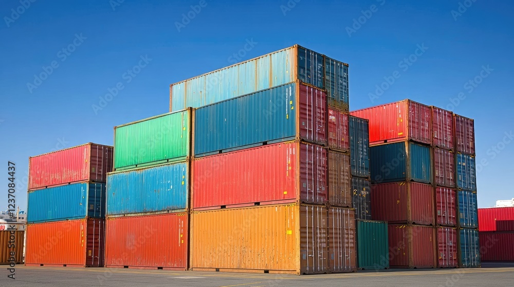 Stacked Shipping Containers Under a Clear Blue Sky Stacked Shipping Containers Under a Clear Blue Sky
