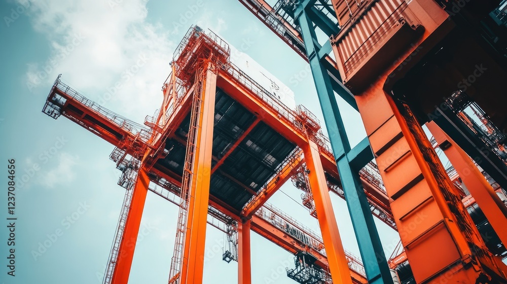 Fototapeta premium Giant Orange Cargo Cranes Under a Cloudy Sky