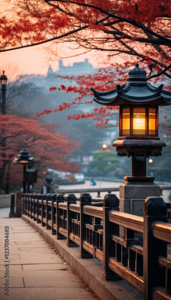 Fototapeta premium Japanese lantern in the park filled with Sakura