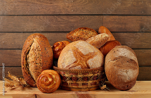 Whole grain homemade bread, different types of round sourdough bread with crispy crust, baguettes, buns and wheat ears, freshly baked bakery products on wooden background, modern baking concept, photo