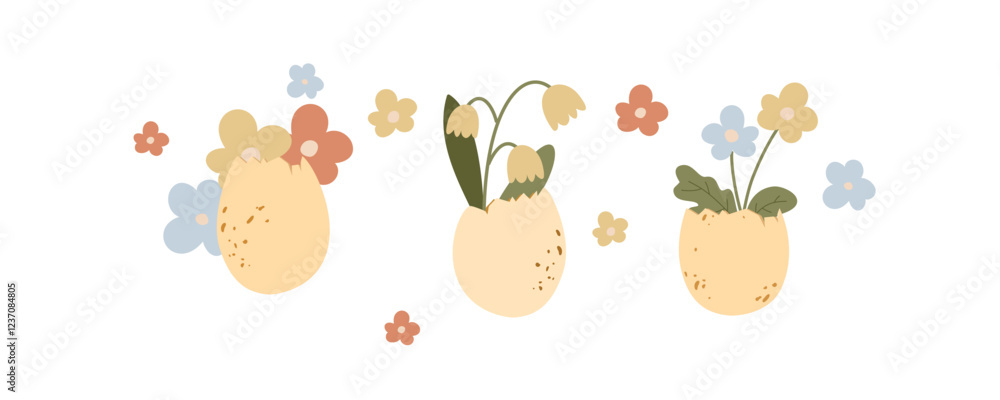 Fototapeta premium Clipart of hand drawn vector illustrations of Easter eggs and wildflowers bouquet like snowdrops daisy flowers. Spring composition set in pastel colors