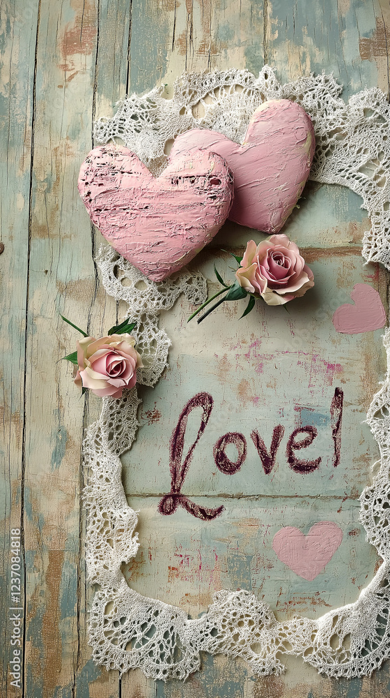 Vintage Valentine hearts and roses with love word vertical