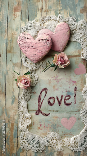 Obraz na płótnie Vintage Valentine hearts and roses with love word vertical w salonie