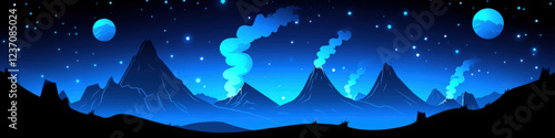 Stunning Nighttime Vector Landscape with Volcanic Mountains and Blue Glowing Moon in Starry Sky - Beautiful Digital Artwork for Creative Design Inspiration