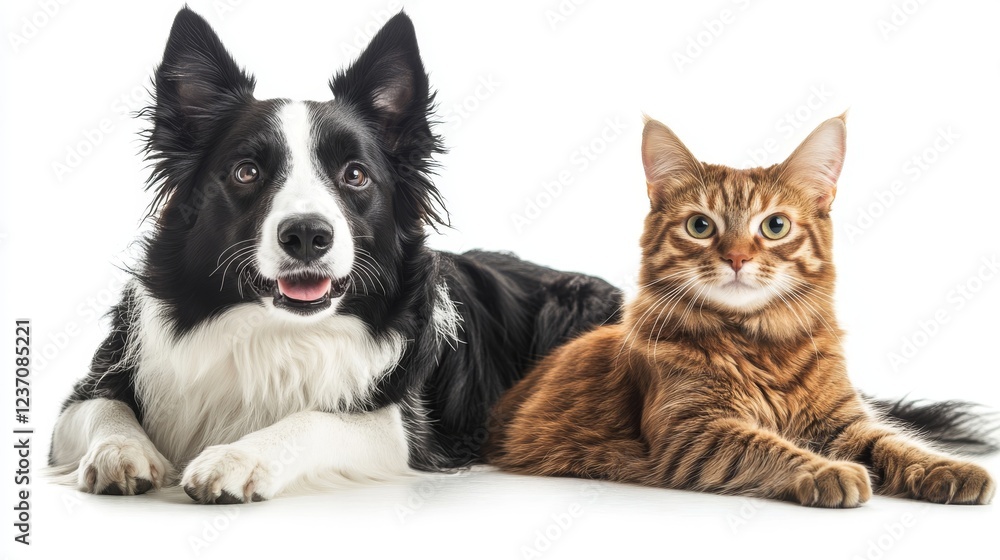 A black and white Border Collie dog and a brown tabby cat are sitting next to each other on a white backdrop. A black and white Border Collie dog and a brown tabby cat are sitting next to each other on a white backdrop.