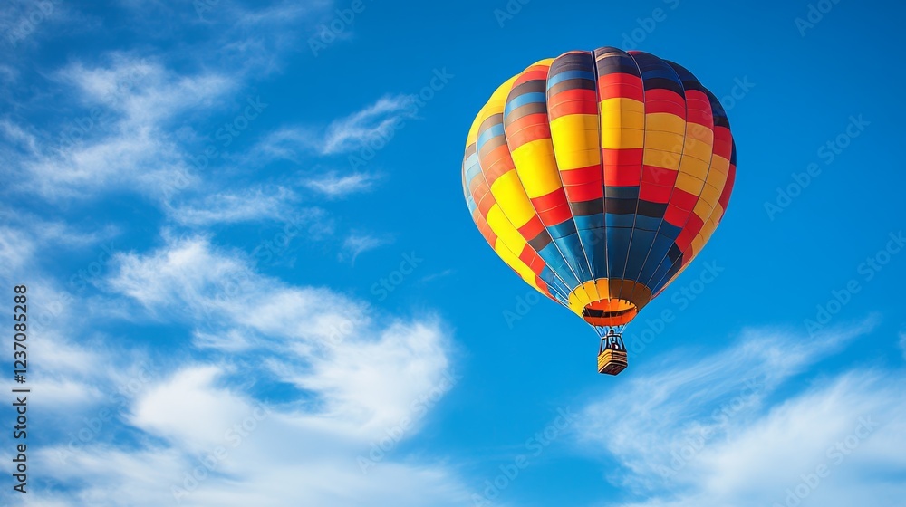 A colorful hot air balloon soars through the sky during the warm afternoon hours. A colorful hot air balloon soars through the sky during the warm afternoon hours.
