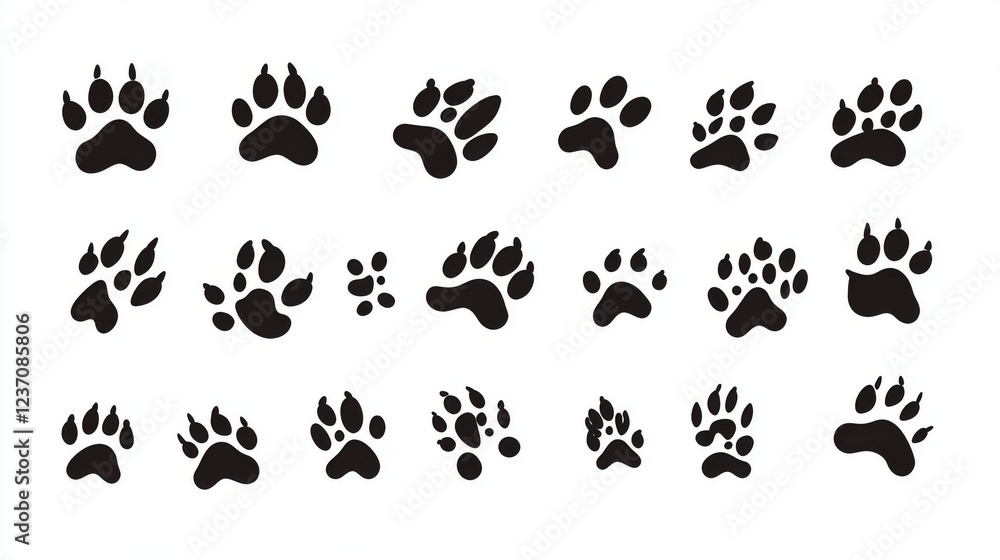 Collection of dog paw prints in various shapes and sizes on a white background. Each paw print is drawn as a vector illustration, making it easy to resize and use in different applications. Collection of dog paw prints in various shapes and sizes on a white background. Each paw print is drawn as a vector illustration, making it easy to resize and use in different applications.