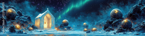 Enchanted Winter Chapel in Cosmic Landscape with Illuminated Spheres and Aurora Borealis Under Starry Sky - Fantasy Vector Art of Mystical Frozen Church