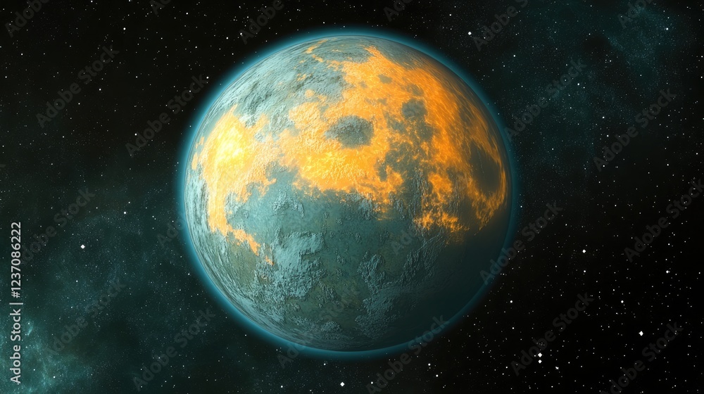 Naklejka premium Fiery Orange Planet In Distant Starry Space