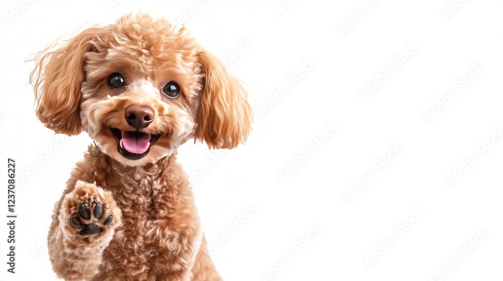 Happy, smiling, smart dog, purebred Toy Poodle sitting and giving paw on a white background. Concept of animals, domestic pet, care, vet, joy, fun, and pet friend. Copy space for ad Happy, smiling, smart dog, purebred Toy Poodle sitting and giving paw on a white background. Concept of animals, domestic pet, care, vet, joy, fun, and pet friend. Copy space for ad