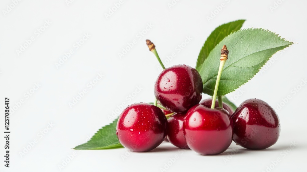 Ripe cherries with leaves, standing alone against a white backdrop. A cluster of sweet cherries, a symbol of summer fruits and berries. Vegan and nutritious, a healthy indulgence. Ripe cherries with leaves, standing alone against a white backdrop. A cluster of sweet cherries, a symbol of summer fruits and berries. Vegan and nutritious, a healthy indulgence.