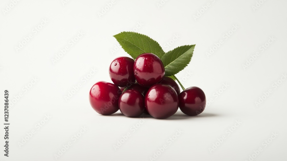 Ripe cherries with leaves, standing alone against a white backdrop. A cluster of sweet cherries, a symbol of summer fruits and berries. Vegan and nutritious, a healthy indulgence. Ripe cherries with leaves, standing alone against a white backdrop. A cluster of sweet cherries, a symbol of summer fruits and berries. Vegan and nutritious, a healthy indulgence.