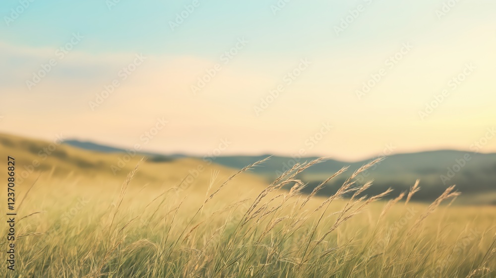 Fototapeta premium Golden Hour Grassland Landscape Serene Sunset Hills