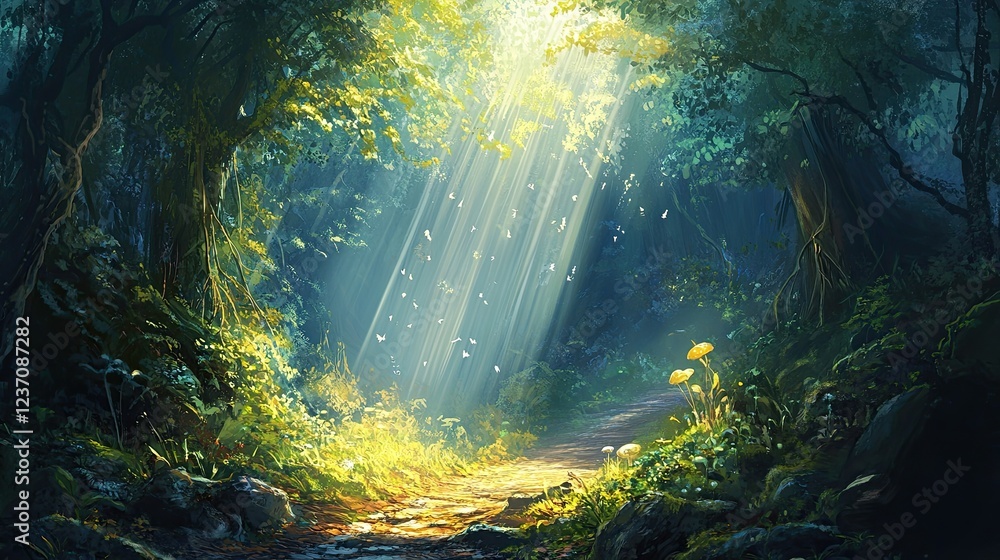 Obraz premium Sunlit Forest Path With Butterflies And Mushrooms