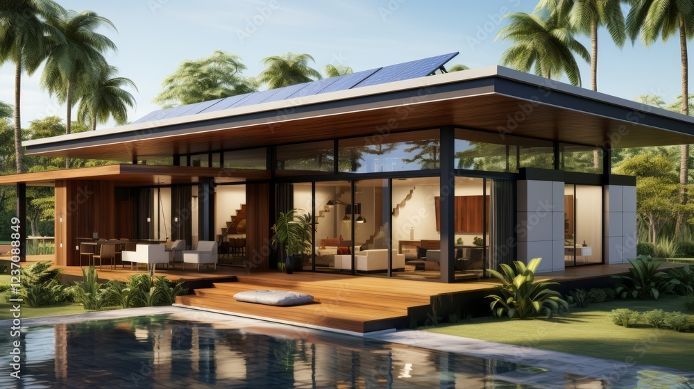 Fototapeta premium An eco friendly home powered by solar panels, surrounded by a lush garden with native plants, illustrating sustainable living