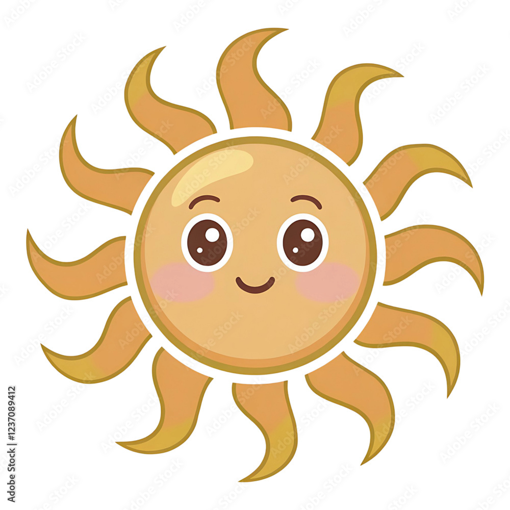 Fototapeta premium Cheerful Cartoon Sun with Blush and Wavy Golden Rays
