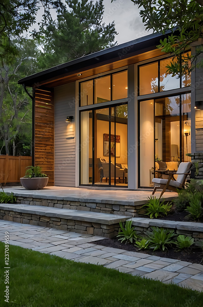 Modern House Exterior with Stone Steps and Large Windows at Dusk. Luxurious Contemporary Home Design, Real Estate