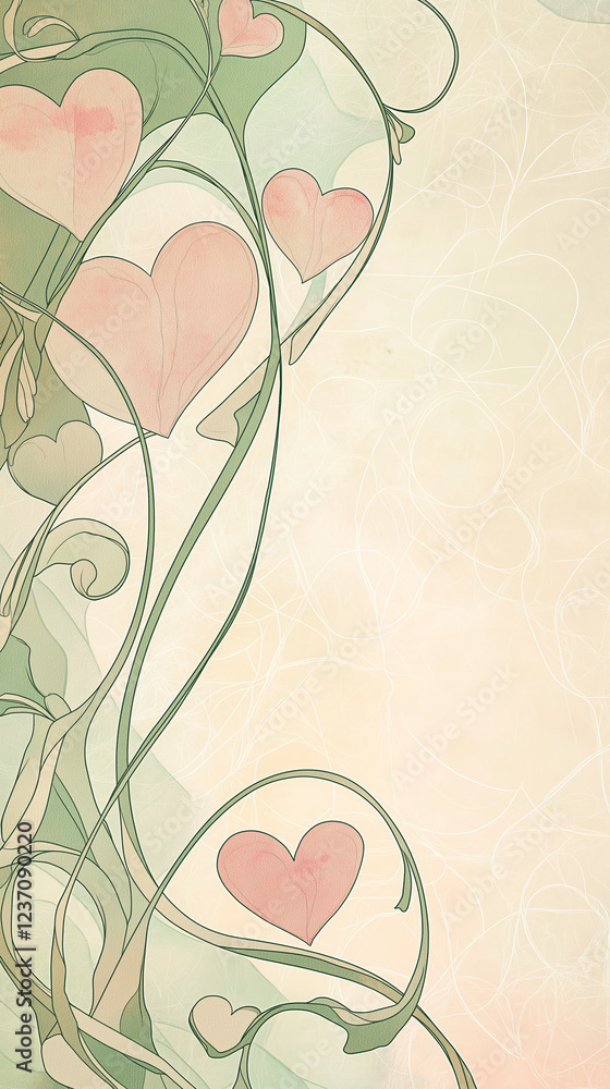Pink Valentine hearts with graceful curved vining lines
