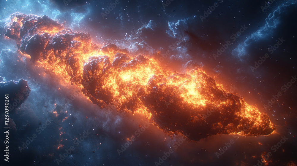 a giant fiery asteroid or comet burning in space. The object is engulfed in bright flames, its surface is riddled with cracks from which lava flows. 