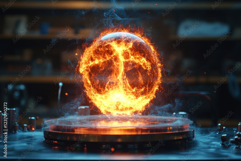 Fototapeta premium a fireball floating above a technological platform. It appears to be held by an invisible force or magnetic field, giving the impression of a scientific experiment or futuristic device 