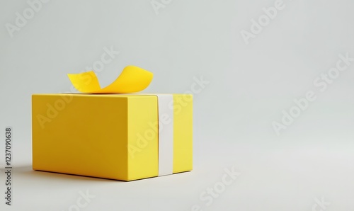 Yellow gift box with white ribbon, minimalist background, holiday present photo