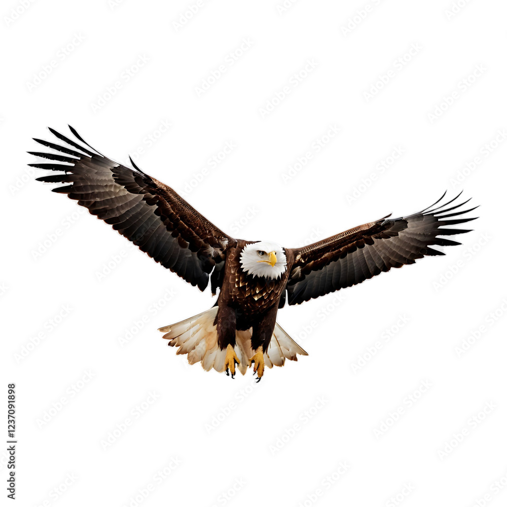 Fototapeta premium Flying Bald Eagle with Sharp Gaze and Open Wings