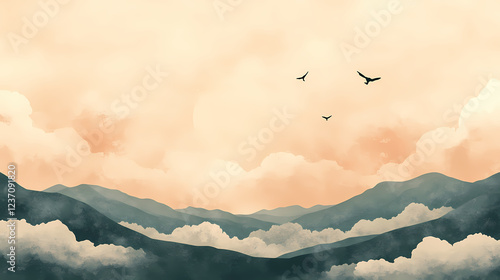 A serene landscape featuring soft clouds and gentle hills in muted tones. Muted Earthtones. Illustration photo