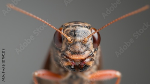 Close-up of grasshopper, studio shot, grey background, nature photography
