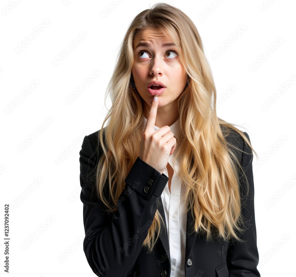 Thoughtful Young Woman in Blazer, Pondering with a Curious Expression Thoughtful Young Woman in Blazer, Pondering with a Curious Expression