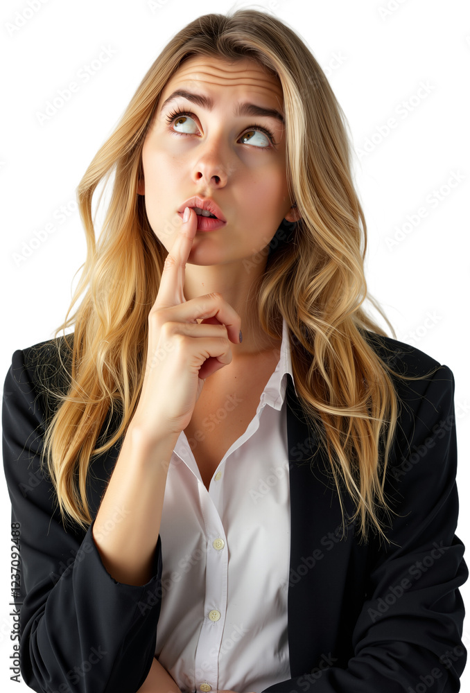 Thoughtful Young Woman in Blazer, Pondering with a Curious Expression Thoughtful Young Woman in Blazer, Pondering with a Curious Expression